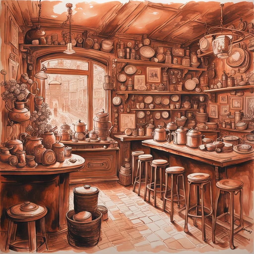 Copper Miner's Cafe in Ink and Wash Style