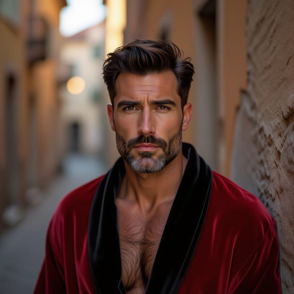 Brooding Man in Red Velvet Robe: Impressionist Portrait