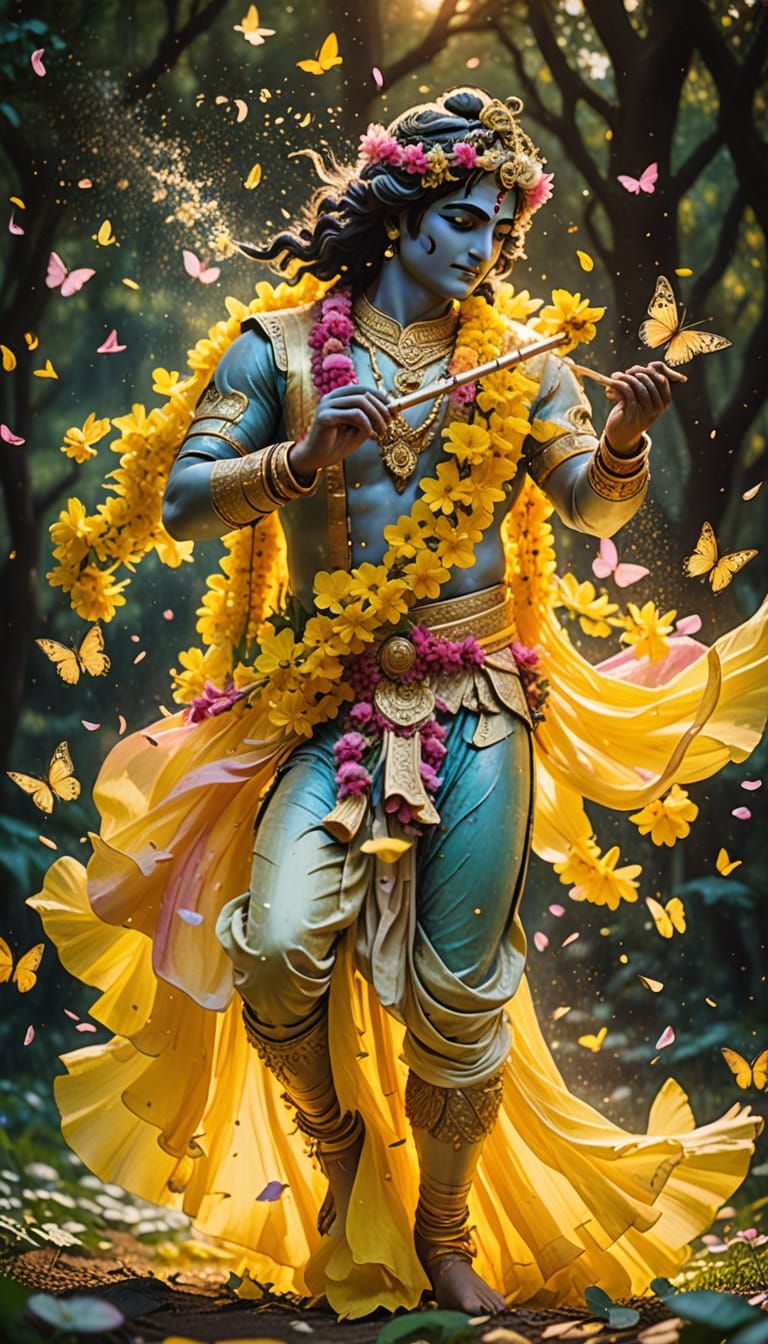 Lord Shri Krishna in a Vibrant, Golden Sunset Forest