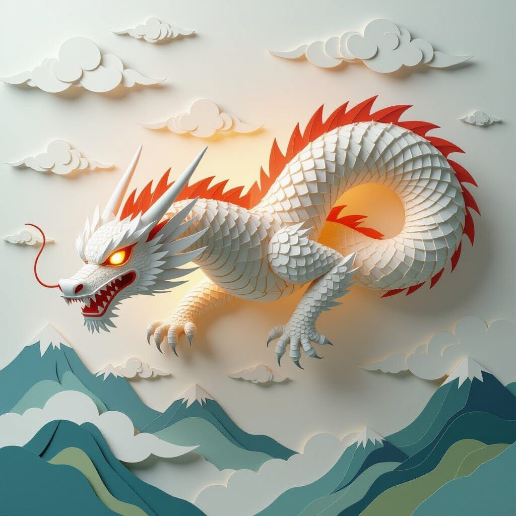 Paper Dragon Soars Over Papercraft Mountains in Hokusai Styl...