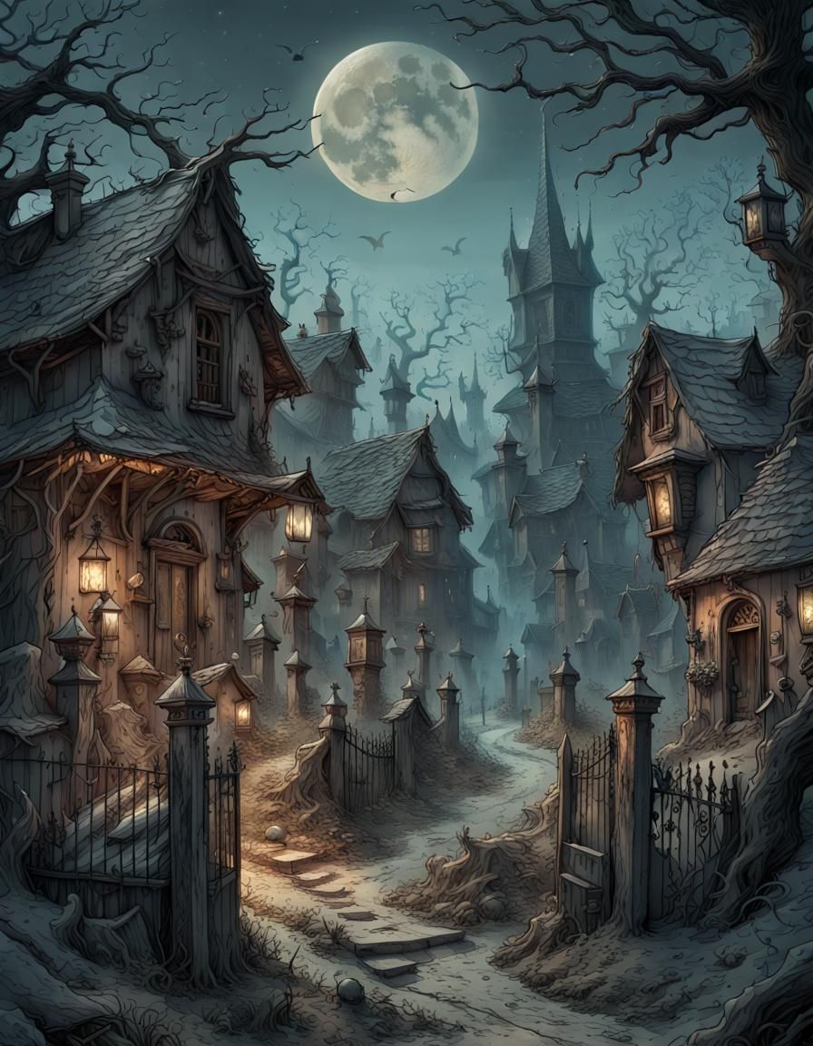 Eerie Haunted Graveyard Village in Intricate Ink Illustratio...