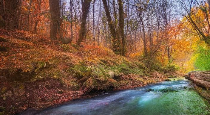 Autumn Forest Stream in Watercolor Style