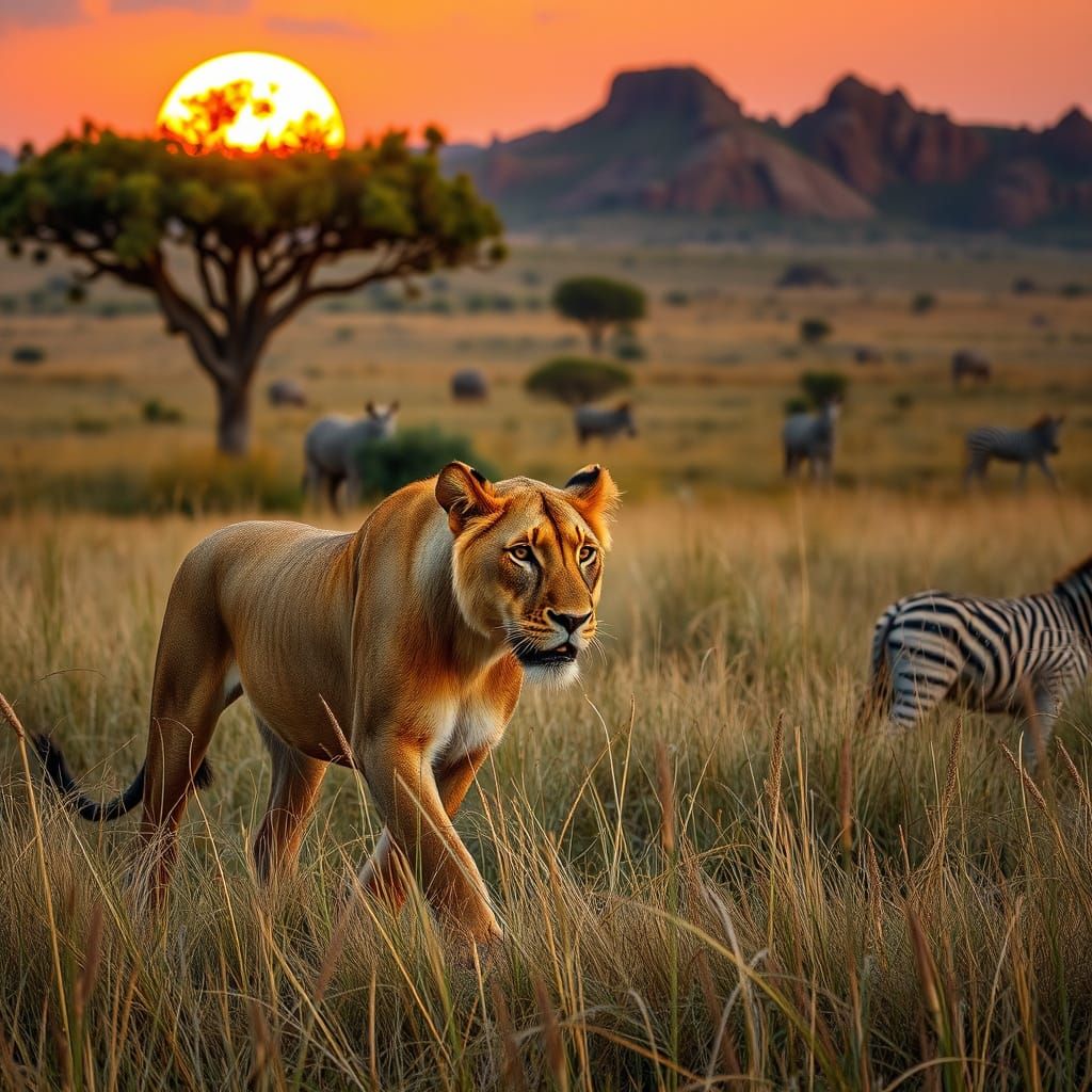 Majestic Lioness Prowls the African Savannah