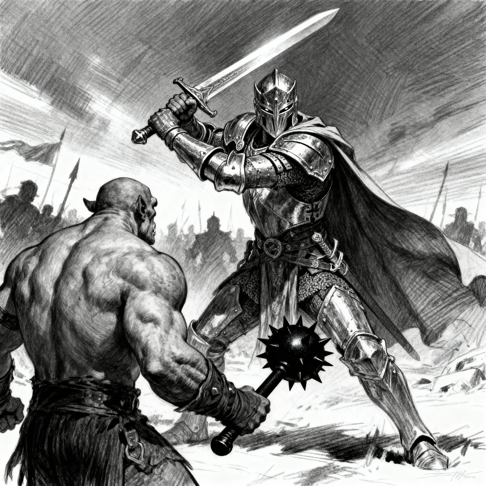 Paladin Battles Orc on Chaotic Battlefield in Charcoal Style