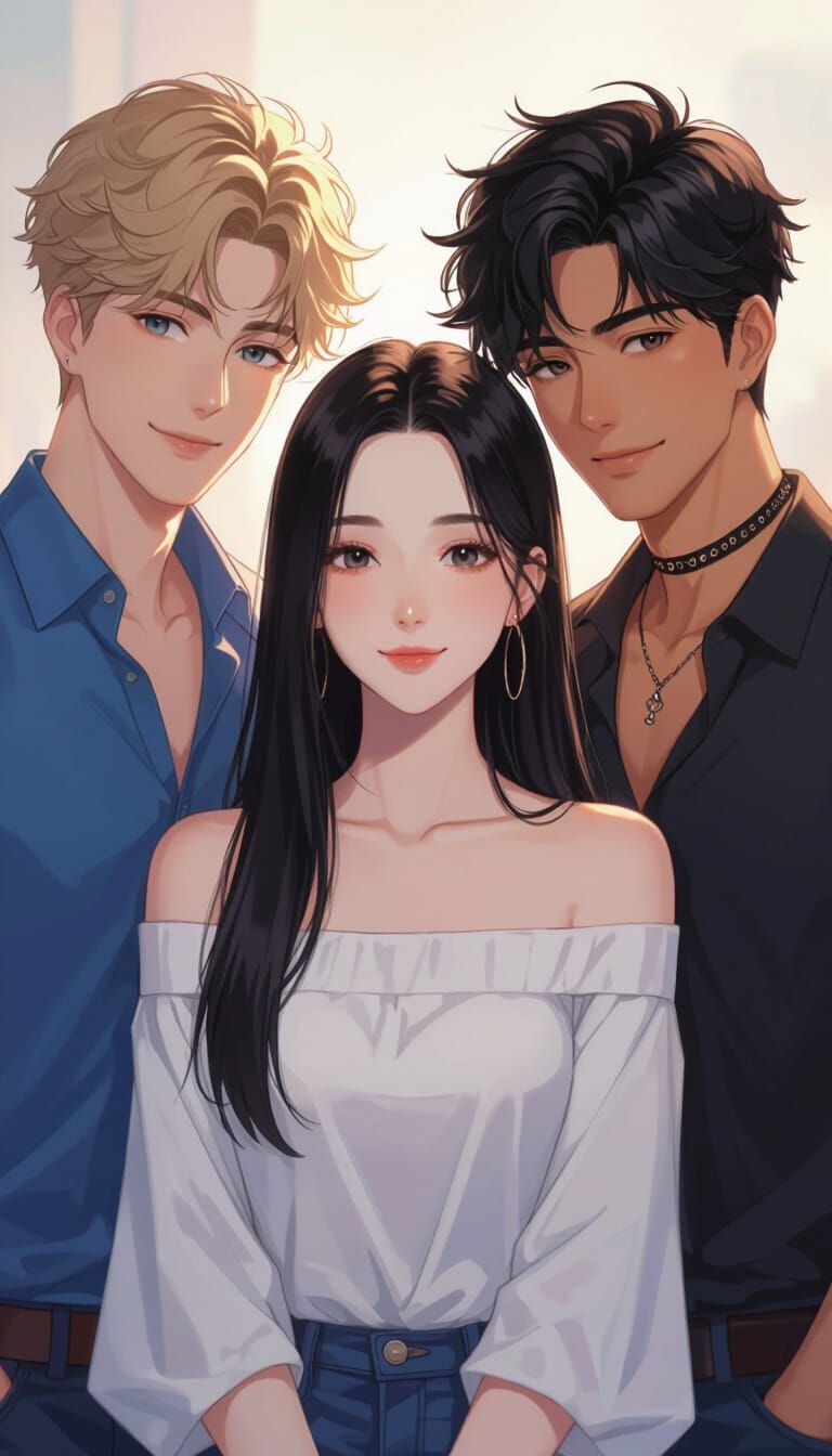 Anime Portrait of Woman Surrounded by Two Men