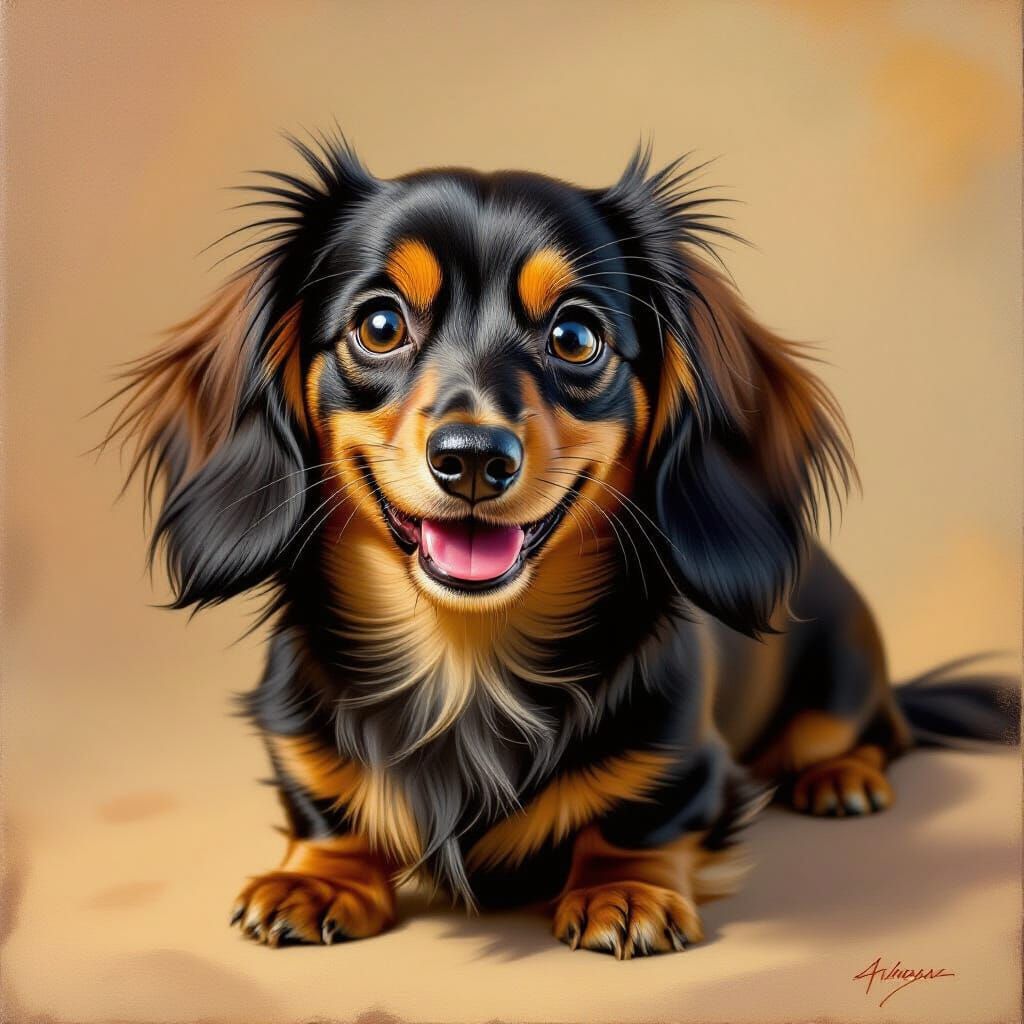 Adorable Longhaired Dachshund Oil Painting with Expressive E...