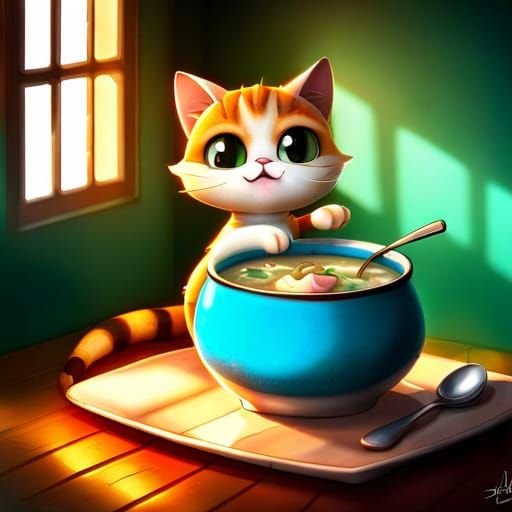 Adorable Kawaii Cat Eating Soup: Hyperdetailed 3D Digital Ar...