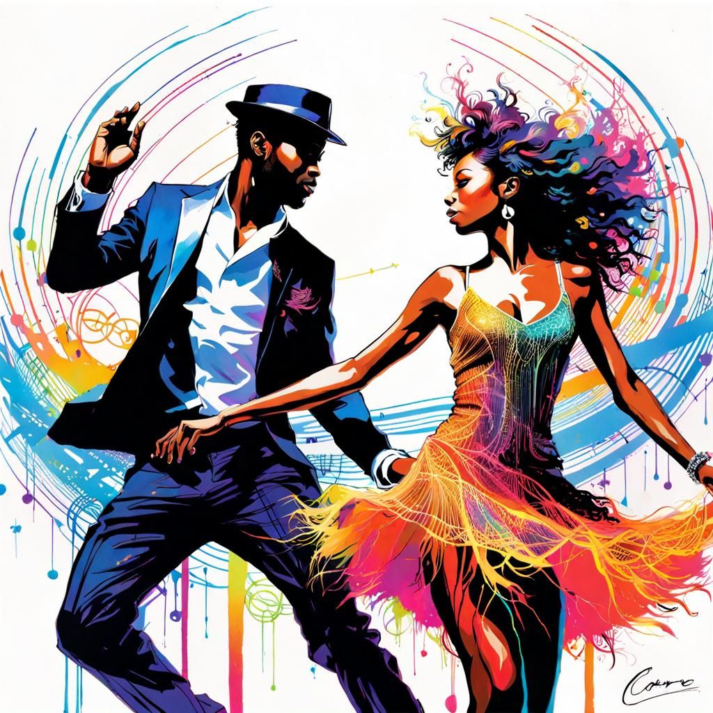 Neon Dancers on Beach in UV-Reactive Watercolor