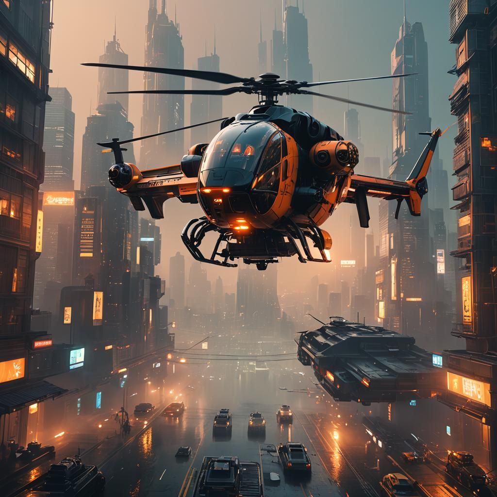 Futuristic Sci-Fi Helicopter Rises from Cityscape