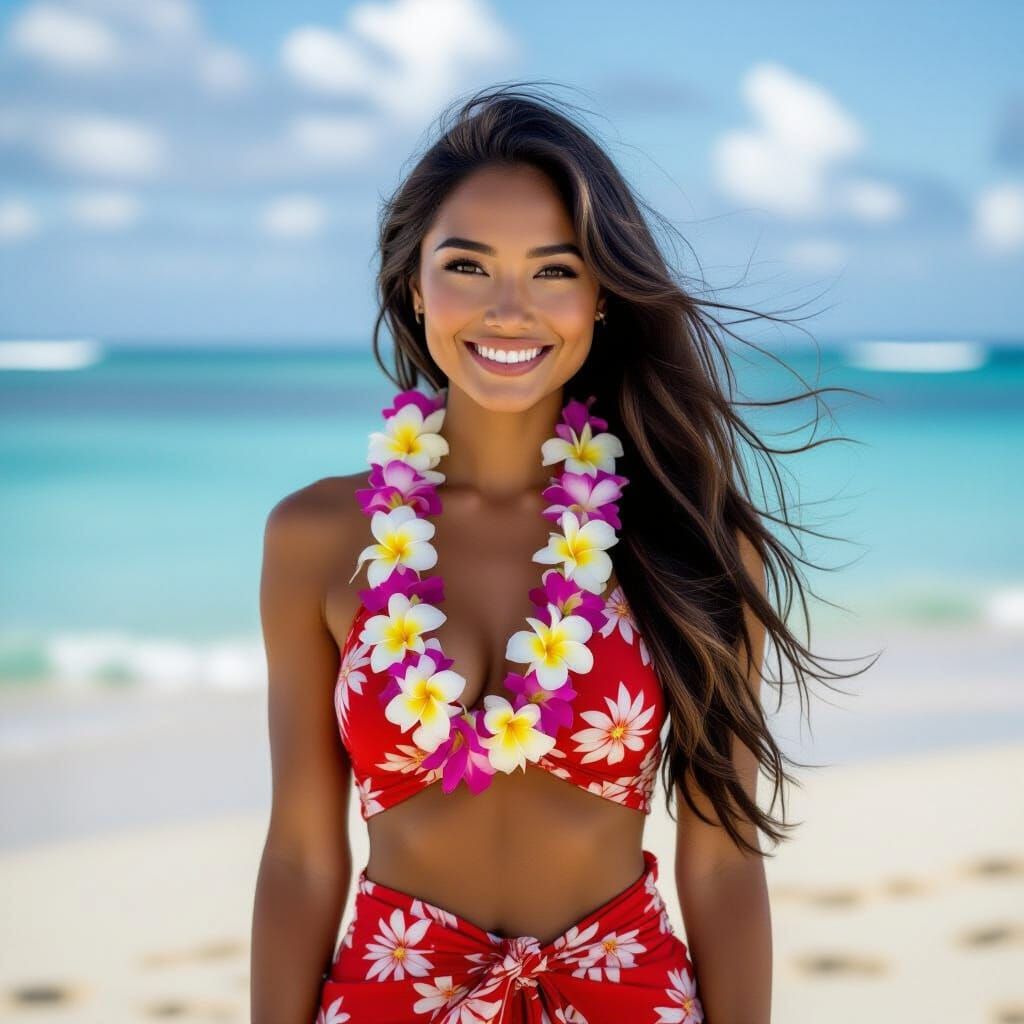 Polynesian Woman on Beach with Flower Lei
