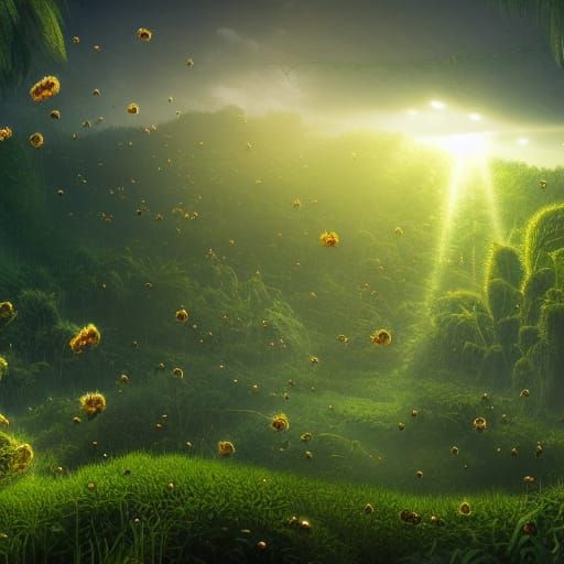 Overgrown City with Honey Bees in Sunbeam