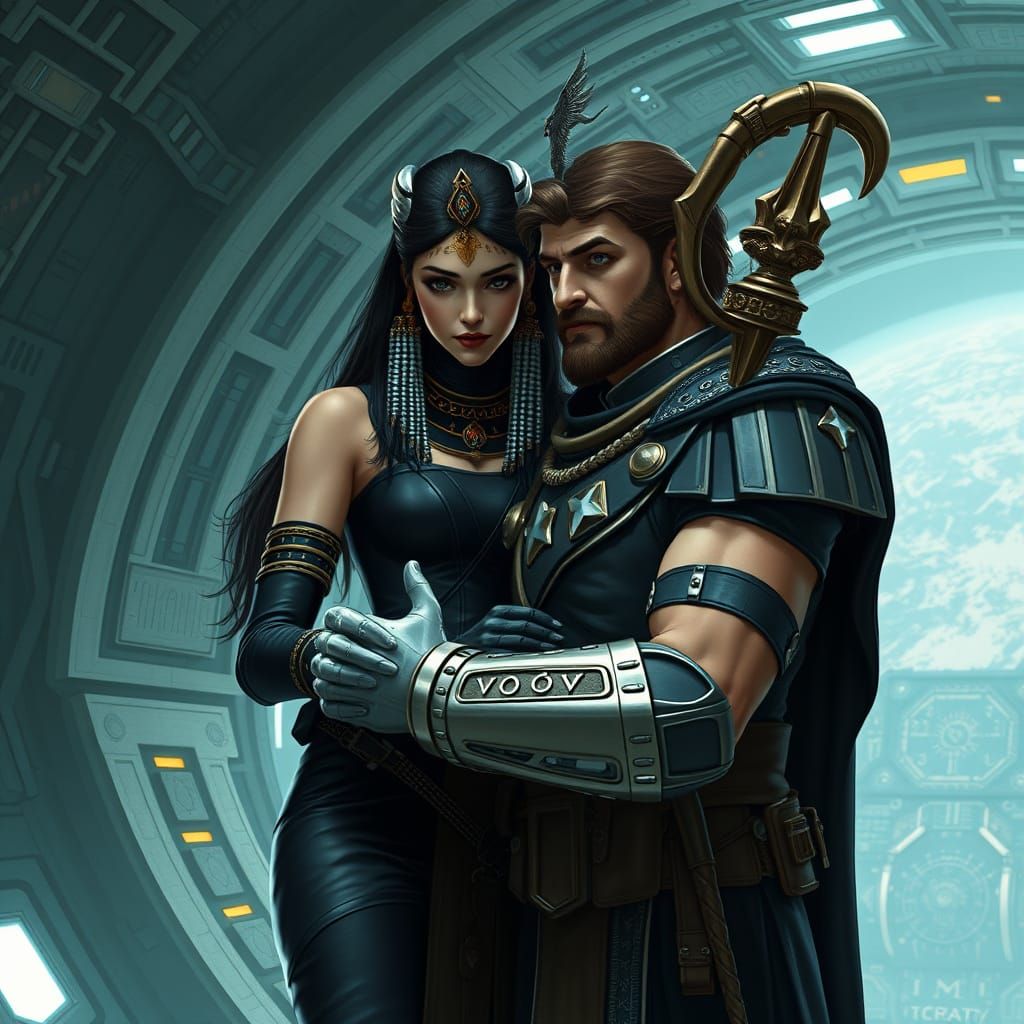 Futuristic Gods Embrace on Steampunk Space Station