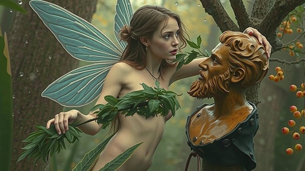 Fairy Woman Statue in Rainy Forest