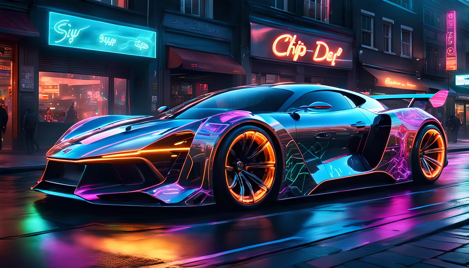 Futuristic Neon Supercar on Smoky Street