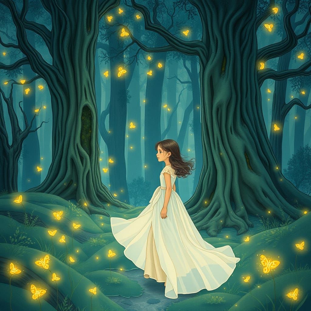 Girl in Mystical Forest, Ethereal Watercolor Art