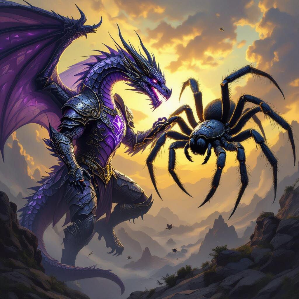 Silver Dragon Battles Shadow Tarantula in Dark Fantasy Art