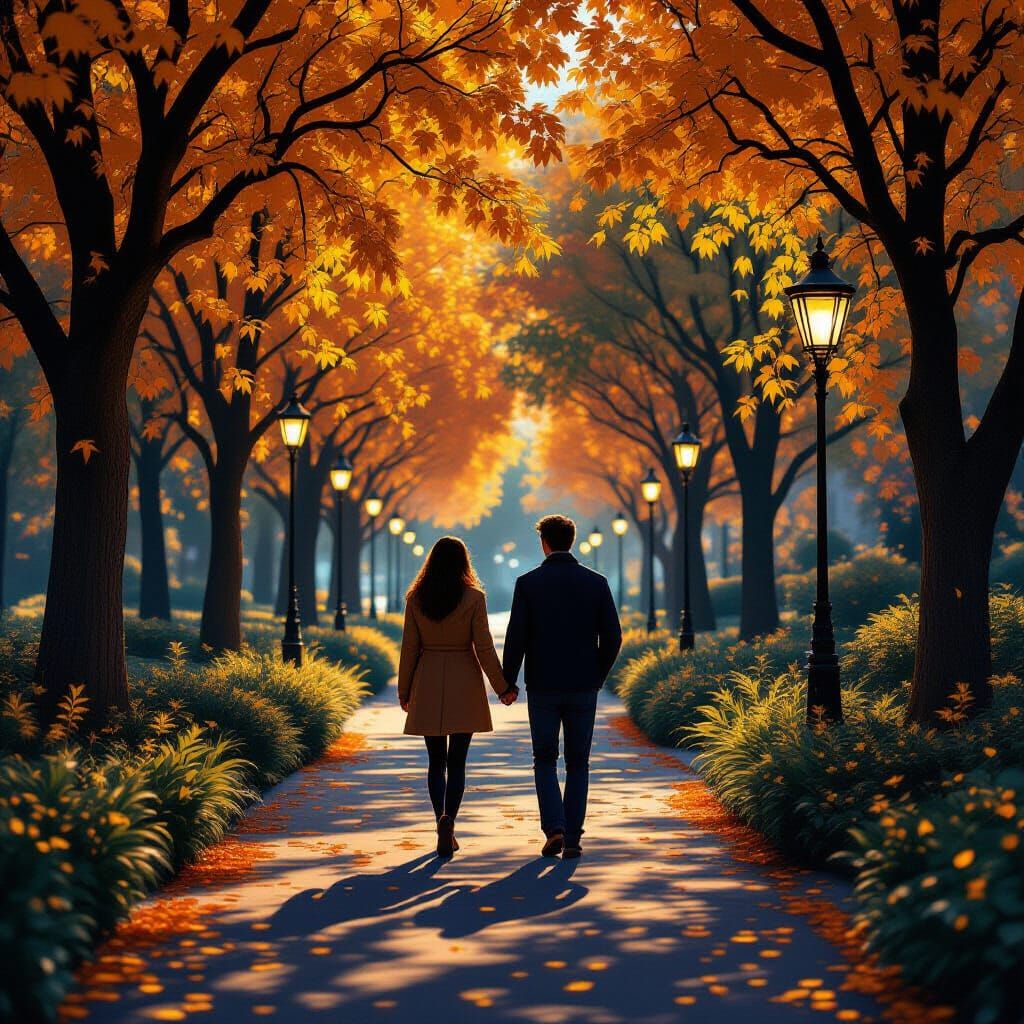 Bioluminescent Autumn Park: Hyperrealistic Couple's Stroll