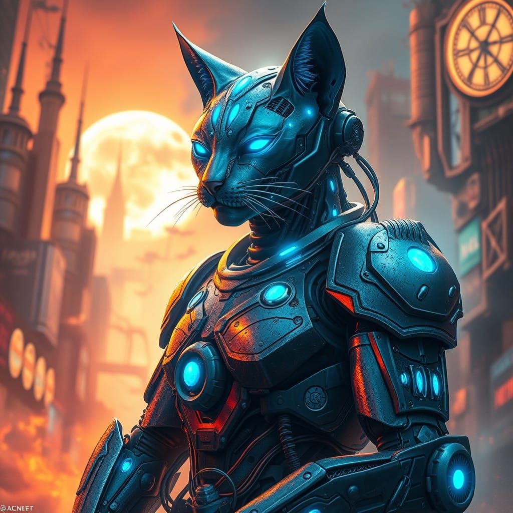 Cybernetic Feline Warrior in Dystopian Cityscape