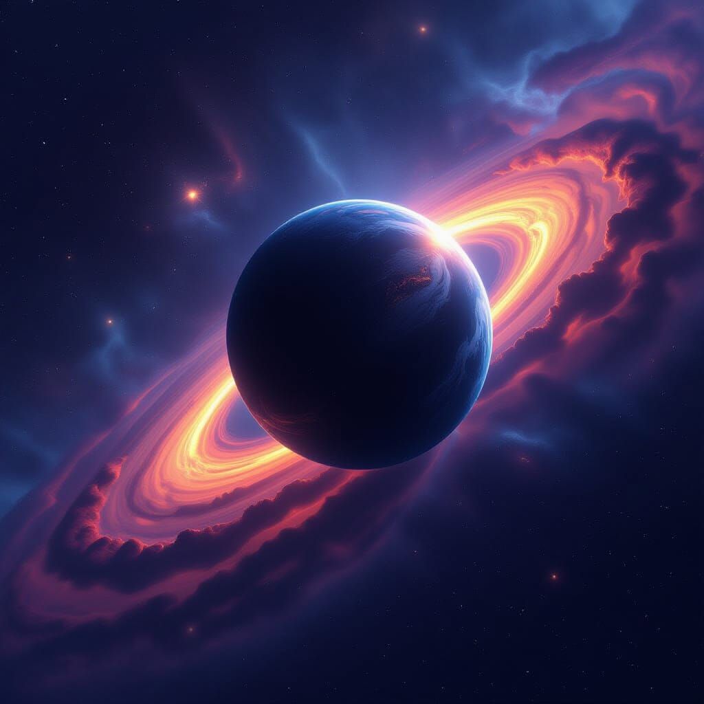 Distant Planet Orbits Black Hole in Cosmic Digital Art