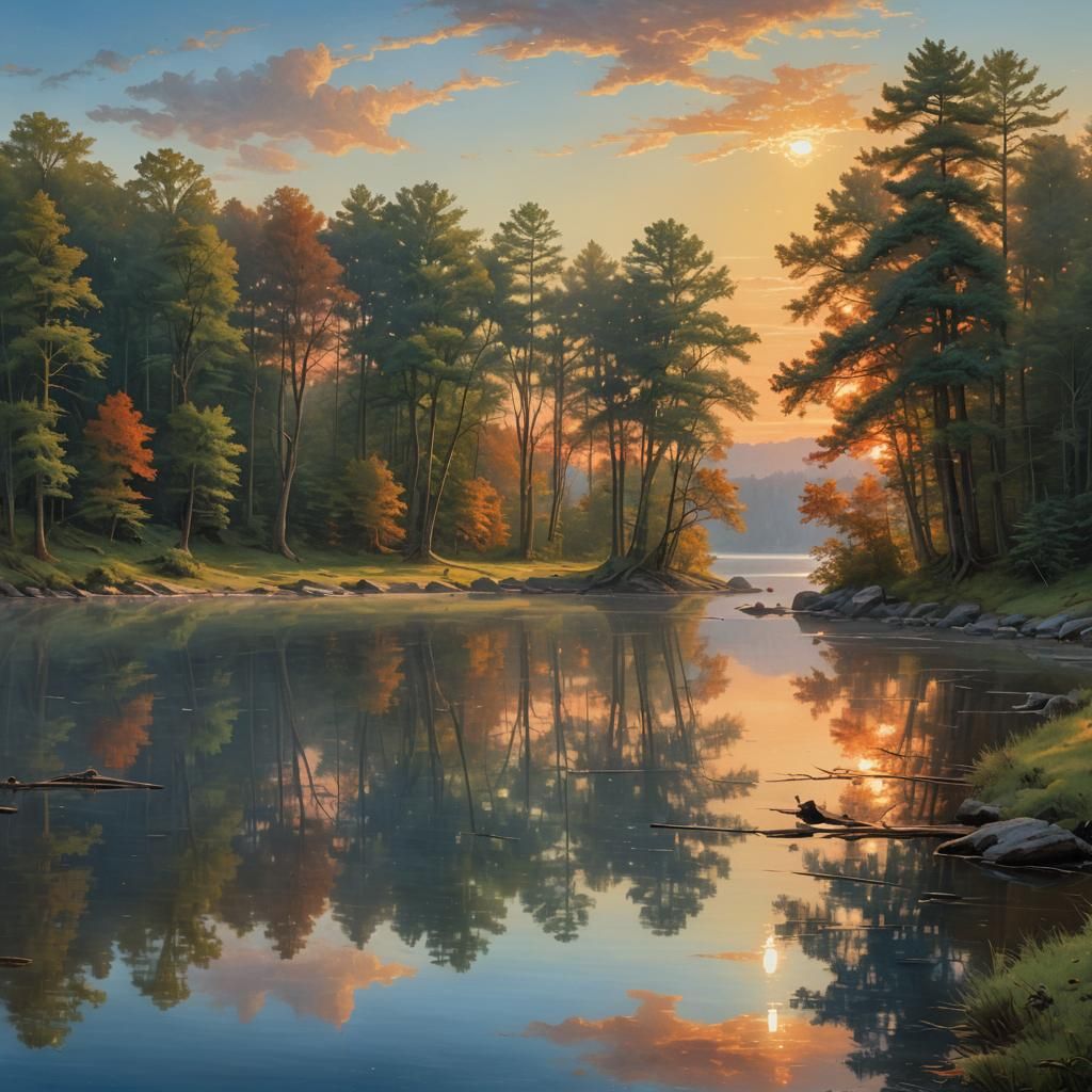 Glassy Lake Sunset: Hudson River School Style