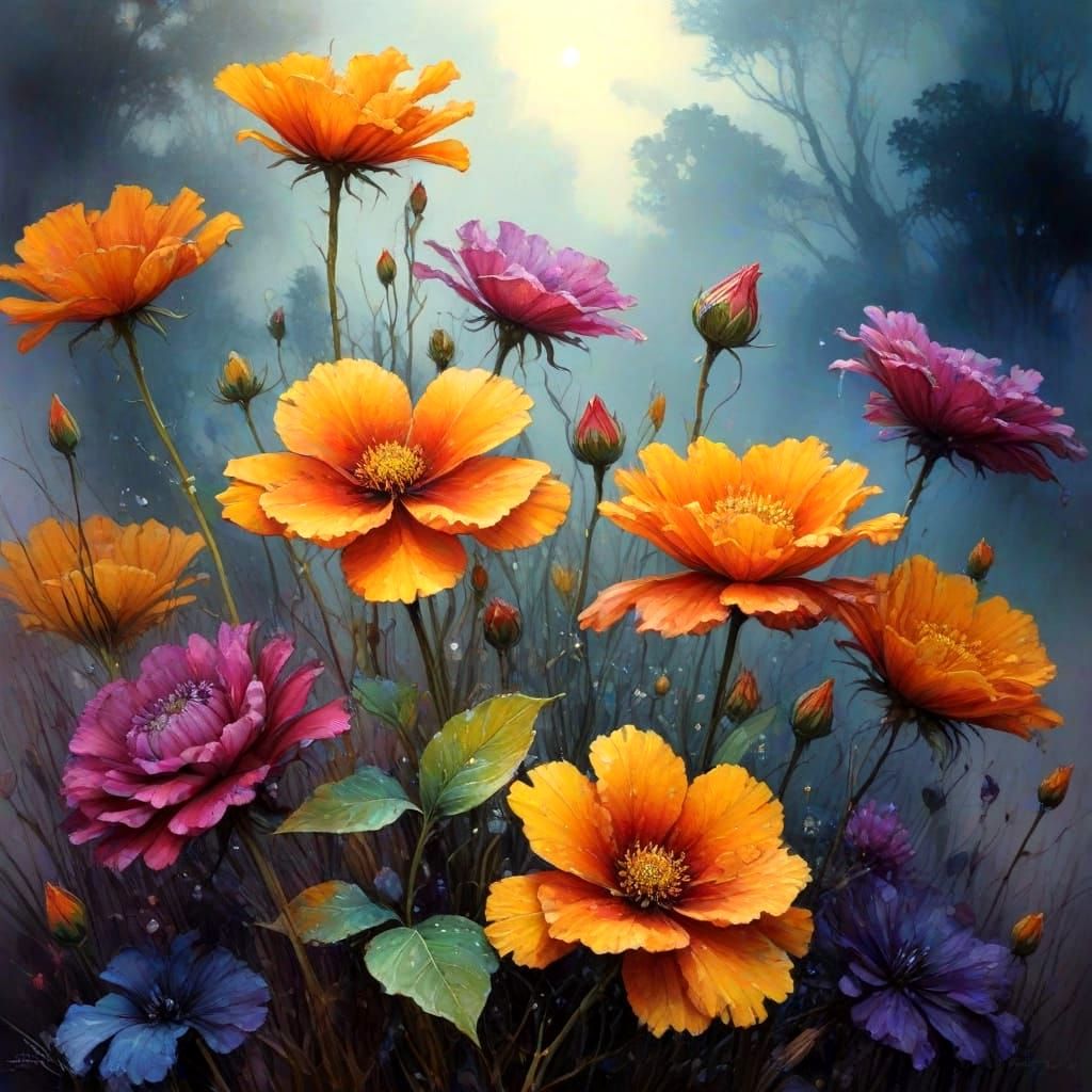 Vibrant Autumn Flowers in a Dark, Glitchy Aesthetic