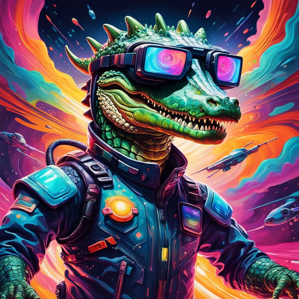 Humanoid Crocodile Controls Drones in Psychedelic Surrealism