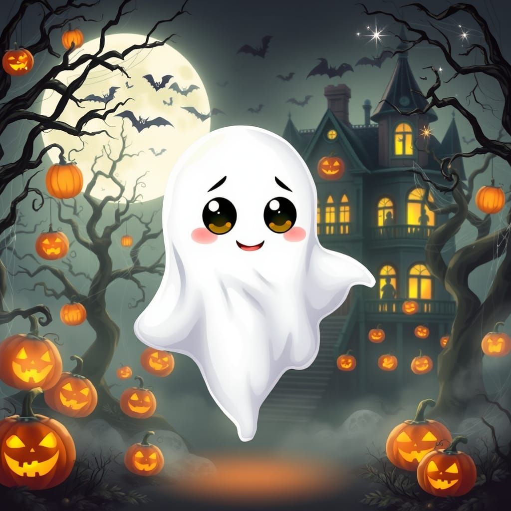 Adorable Chibi Ghost in Spooky Whimsical Setting