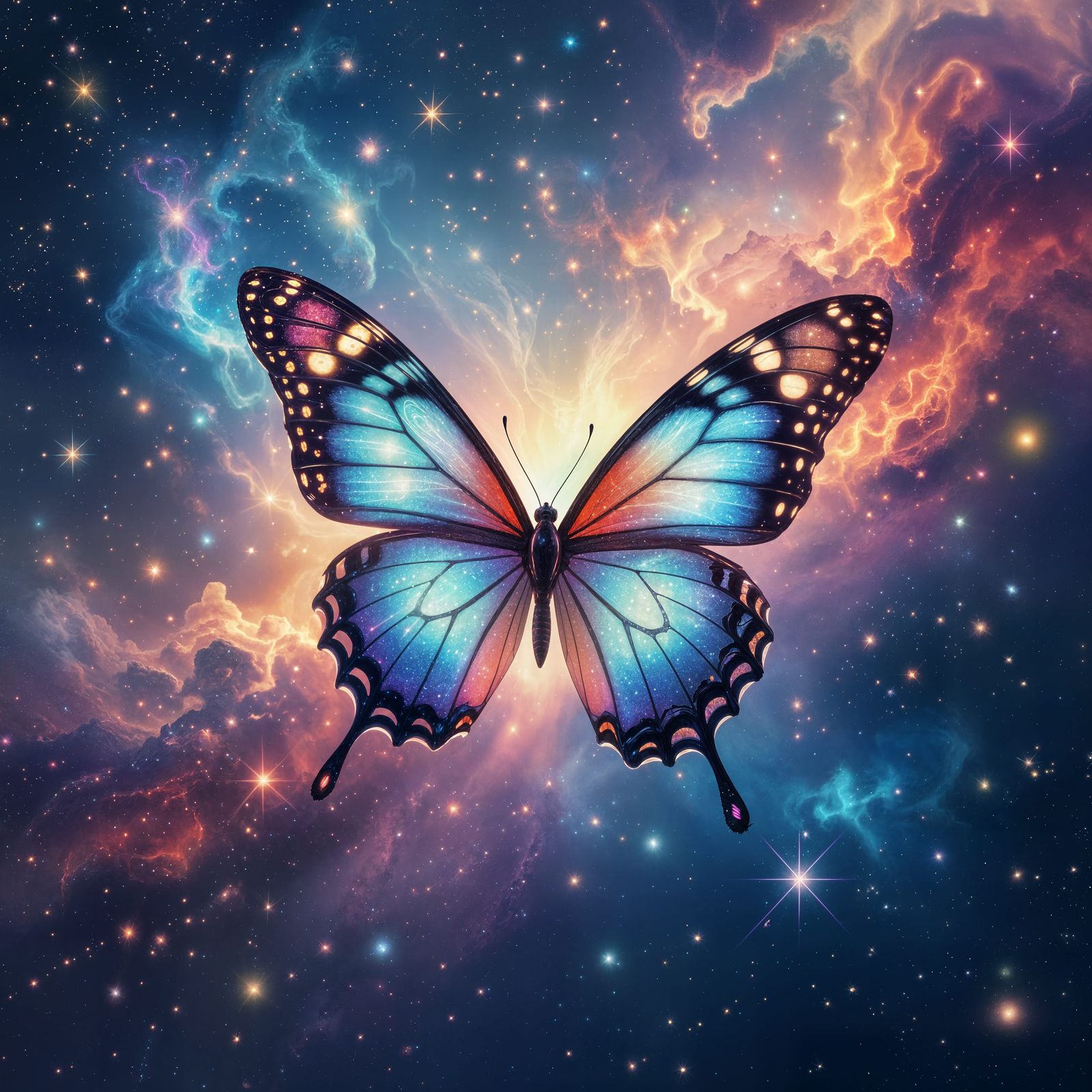 Extreme wide shot. A bioluminescent butterfly flits through a nebula. The butterfly is made of pure stardust. The nebula...
