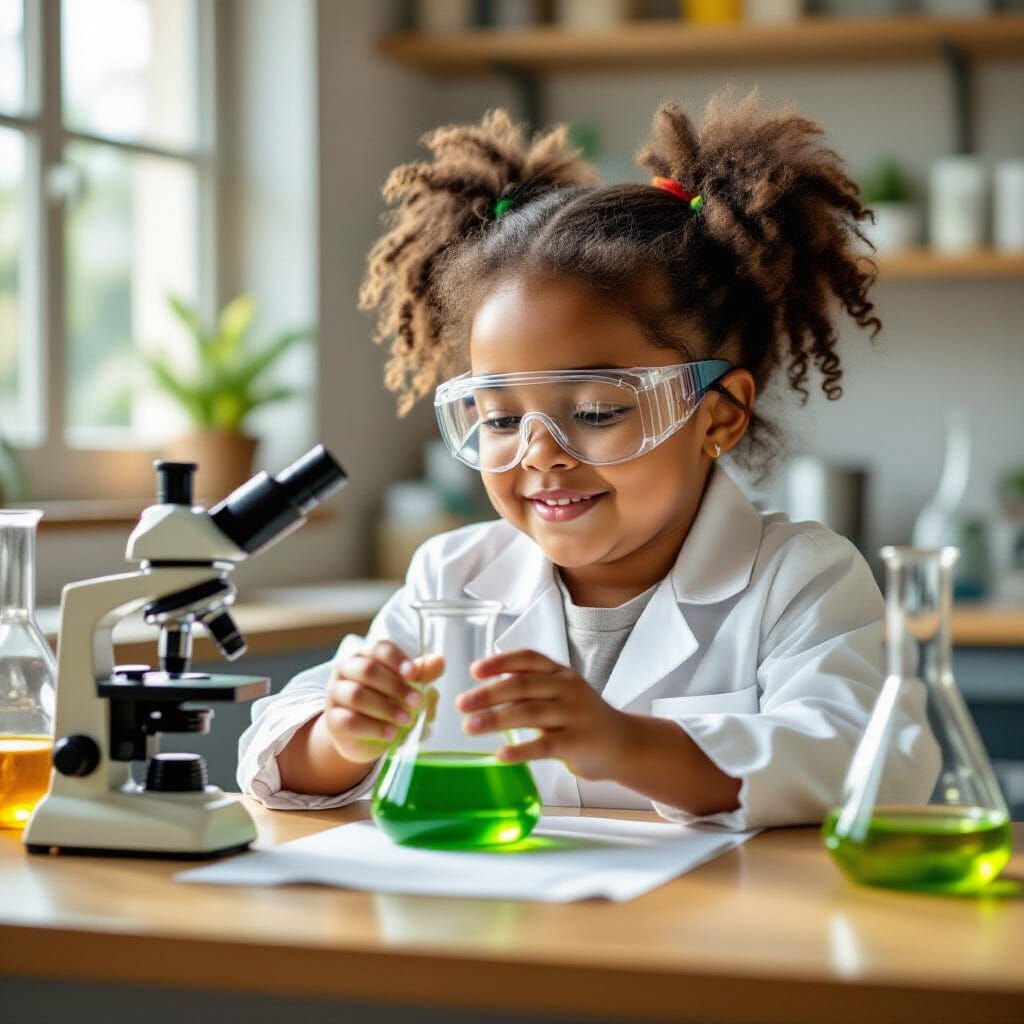 Young Black Scientist Explores Green Liquid in Classroom