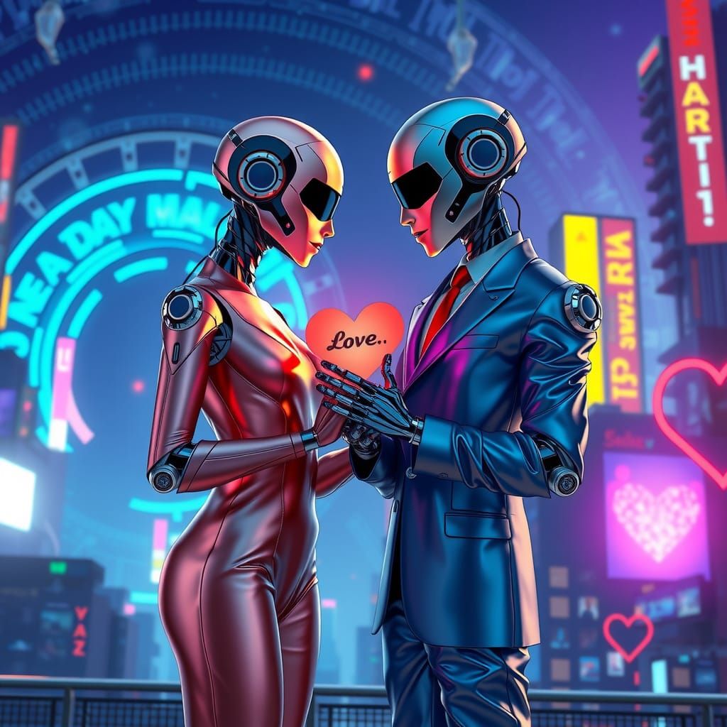 Futuristic Android Lovers Exchange Heartfelt Valentine's Day...
