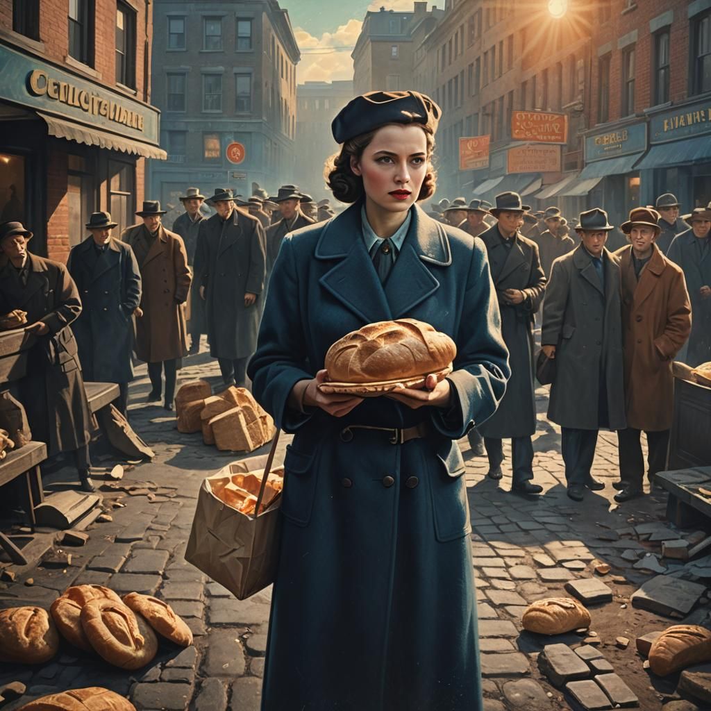 Woman with Bread in 1940s Film Noir Style