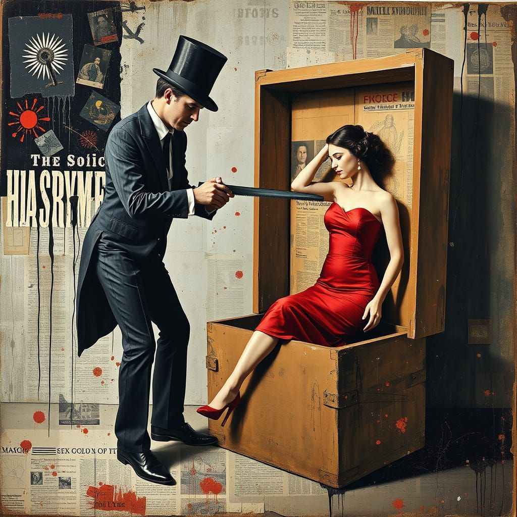 Magician Sawing Woman: Abstract Expressionist Assemblage