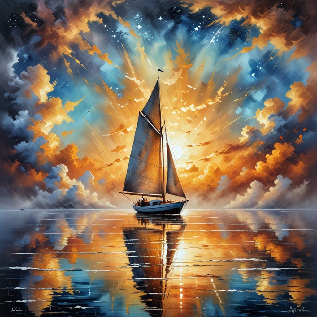 Sailboat on Cloud Sea with Golden Godrays