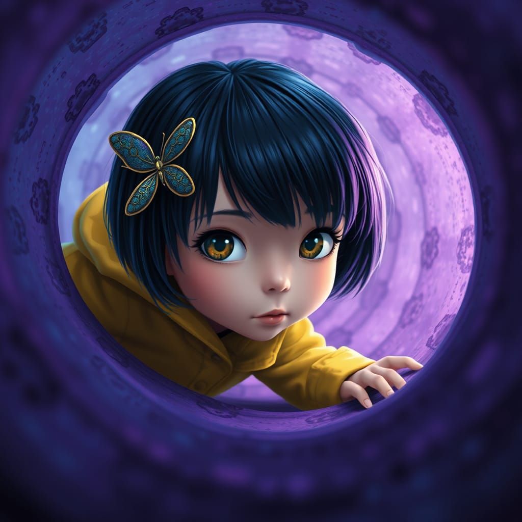 Girl in Yellow Raincoat in Ethereal Tunnel