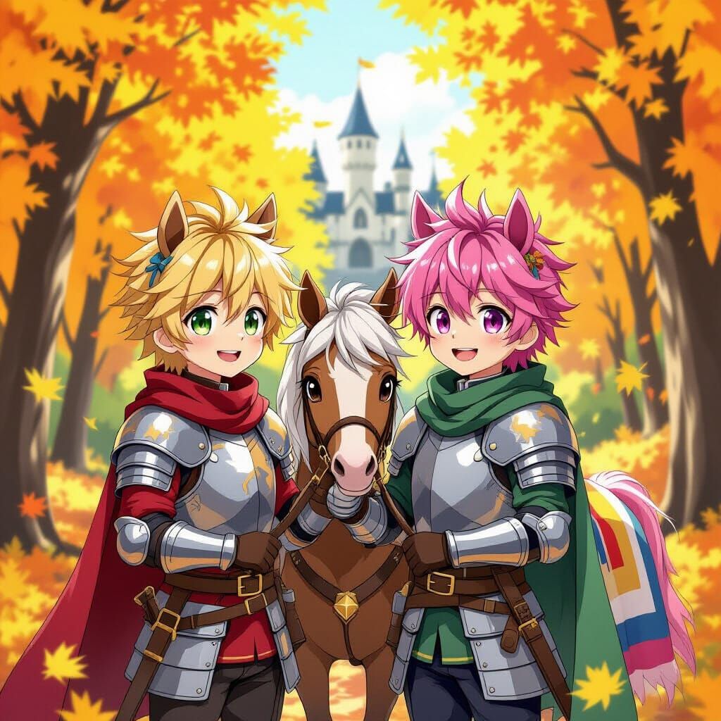 Anime Boys in Medieval Armor with Horse Ears in Autumn Fores...