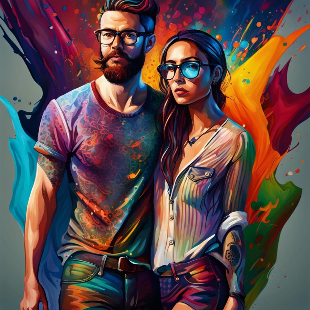 Hipster Couple in Colorful Splash Art Style