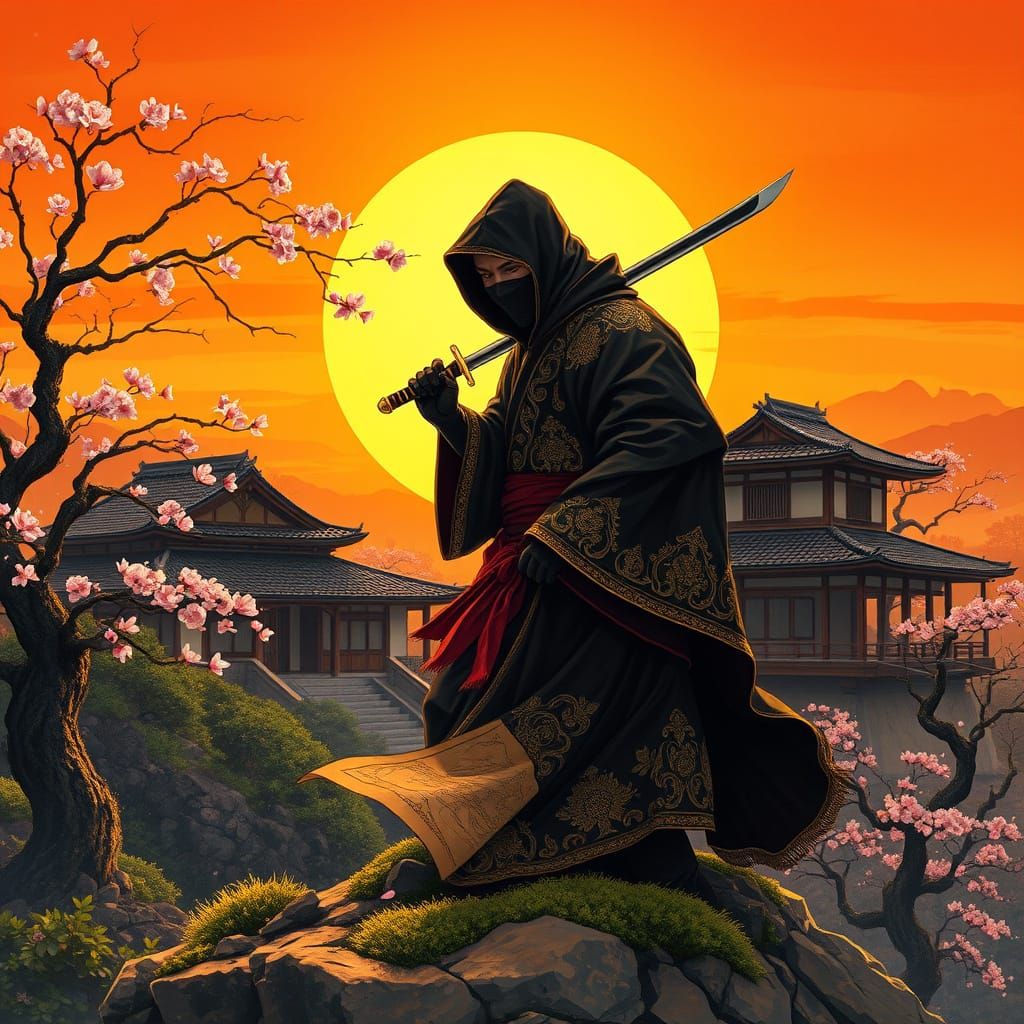 Ninja in Black and Gold Cloak, Holding Solid Gold Katana at ...