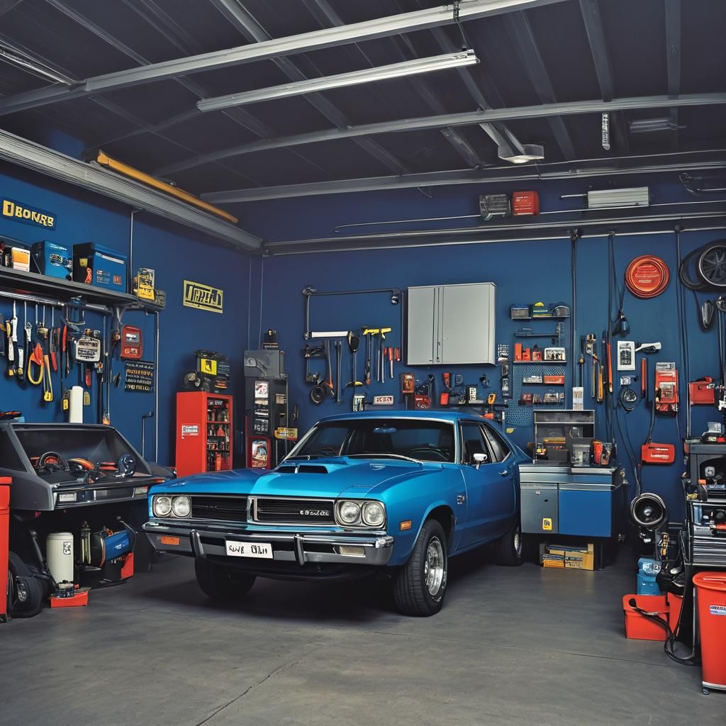 Garage Scene with Cars and Neon Sign