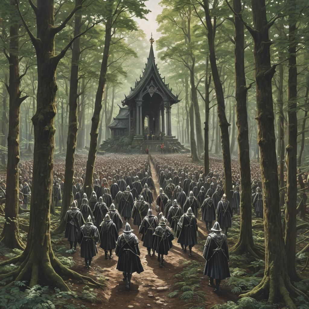 Figures Marching Beneath Wooded Canopy