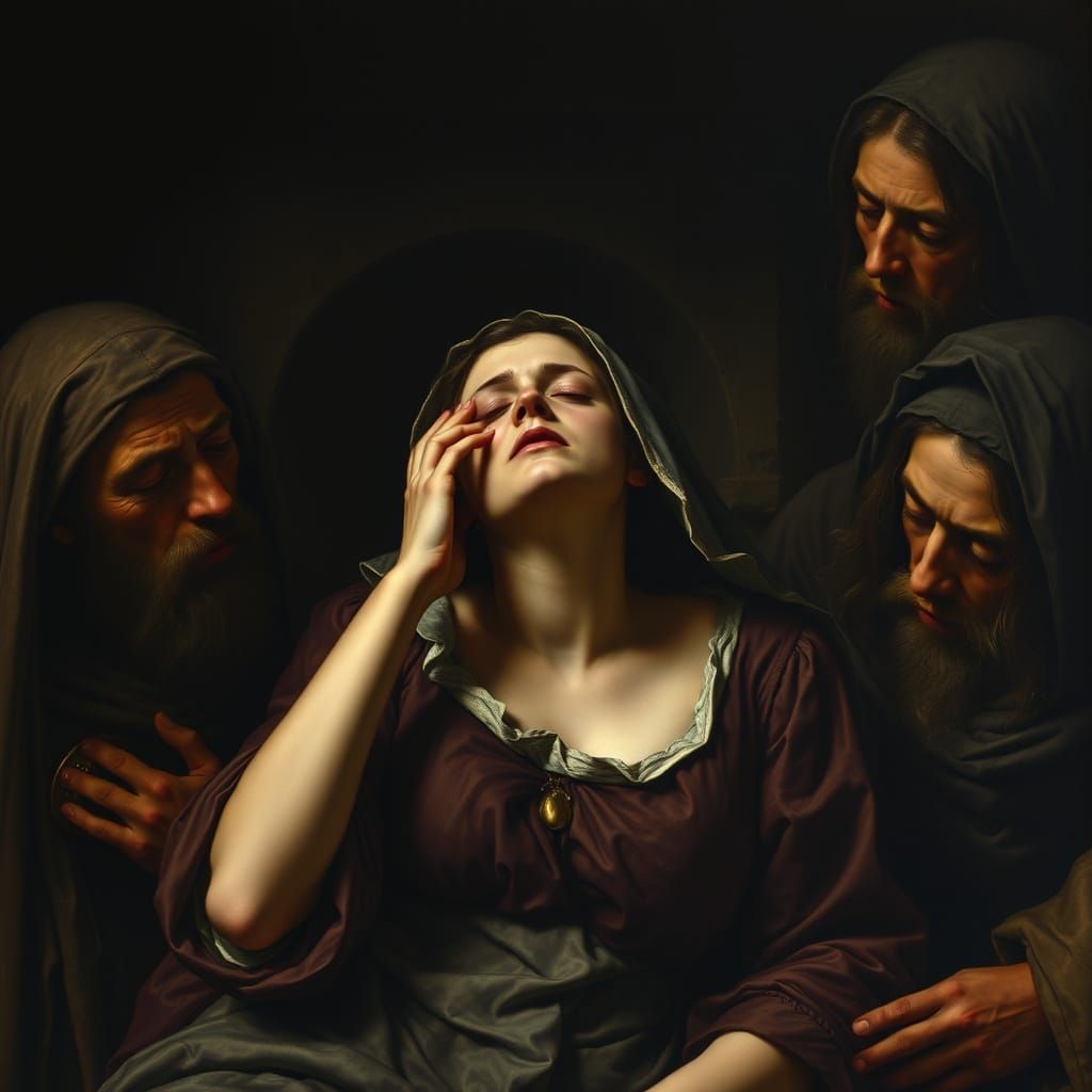 Ethereal Woman in Pain, Caravaggio-Inspired, Medieval Scene