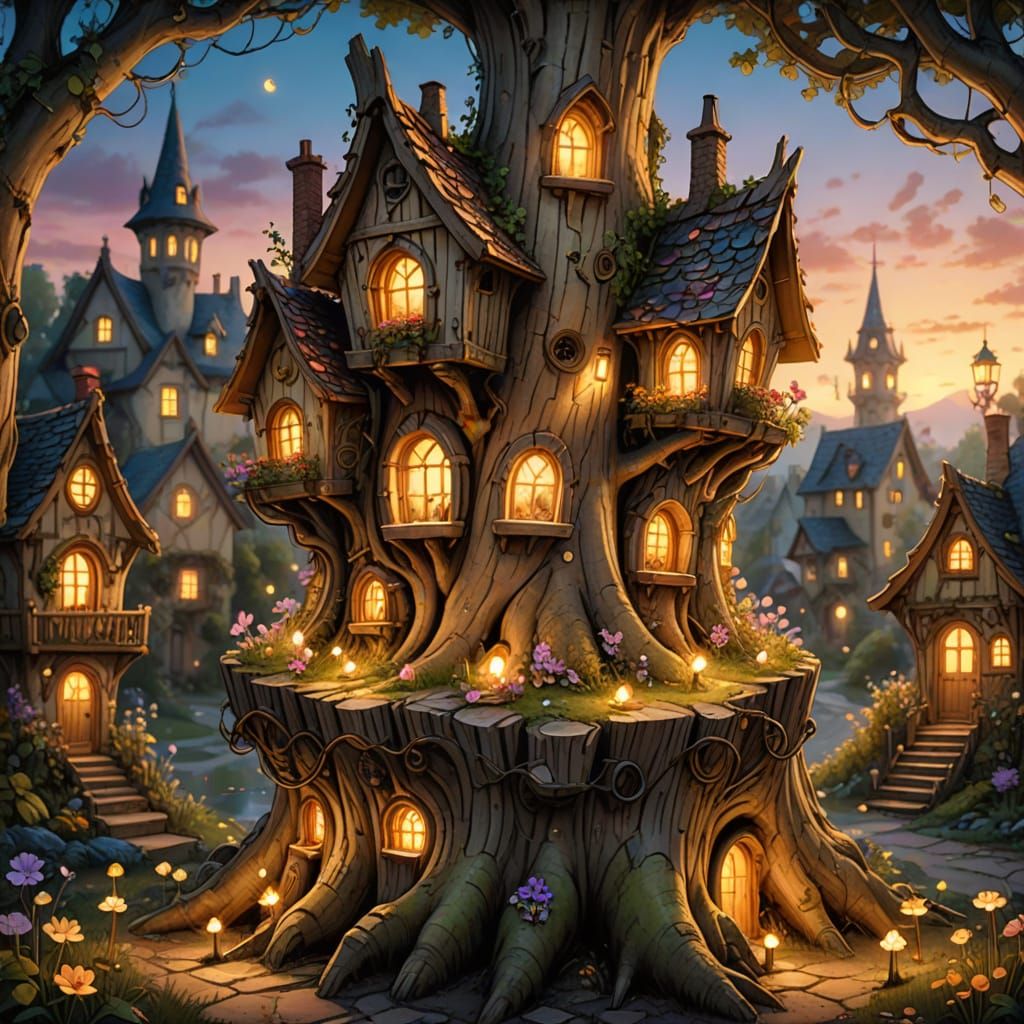 Fairy Metropolis Inside Tree Stump, Whimsical Fantasy Art