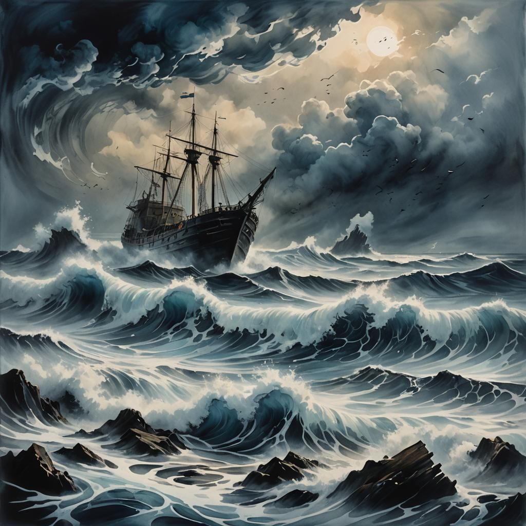 Shipwreck and Ghostly Figures in Modern Ink Painting