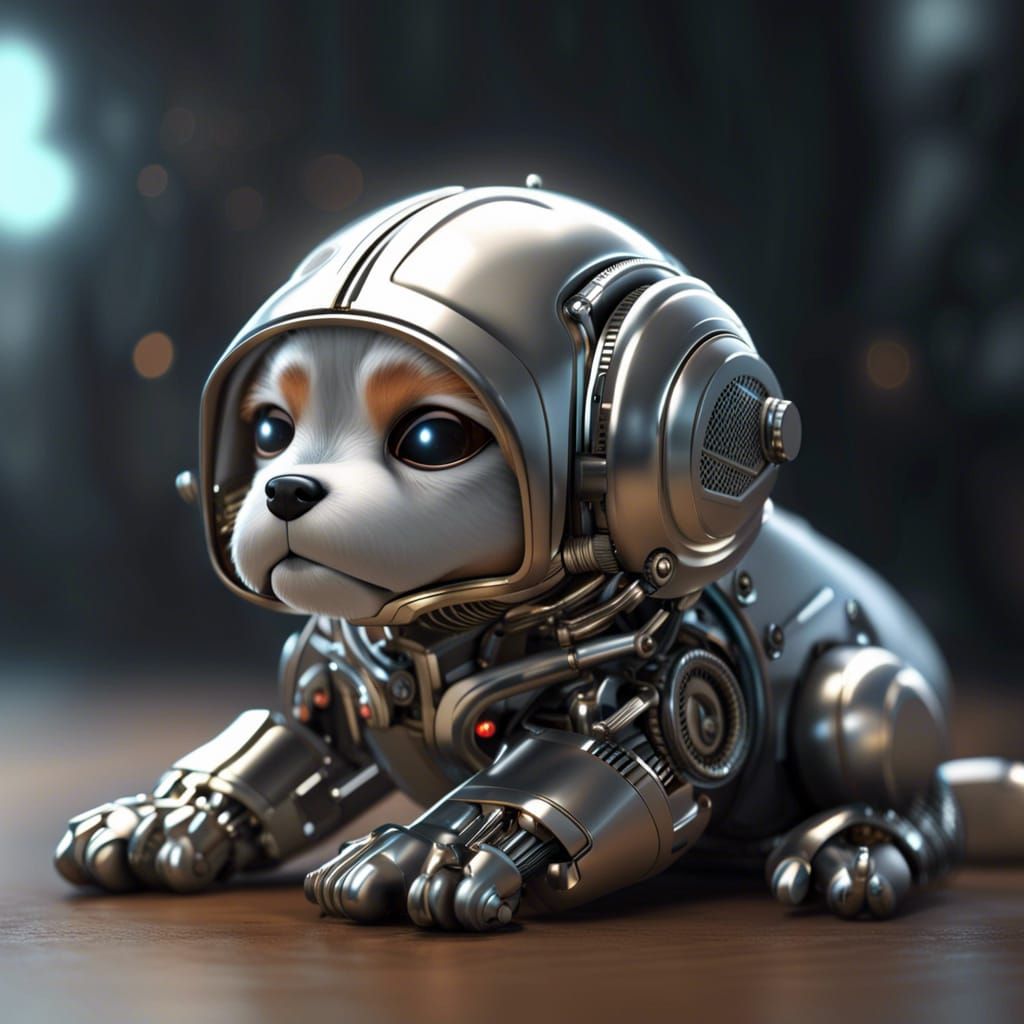 Cute Robot Puppy in Hyperrealistic CGI Diorama