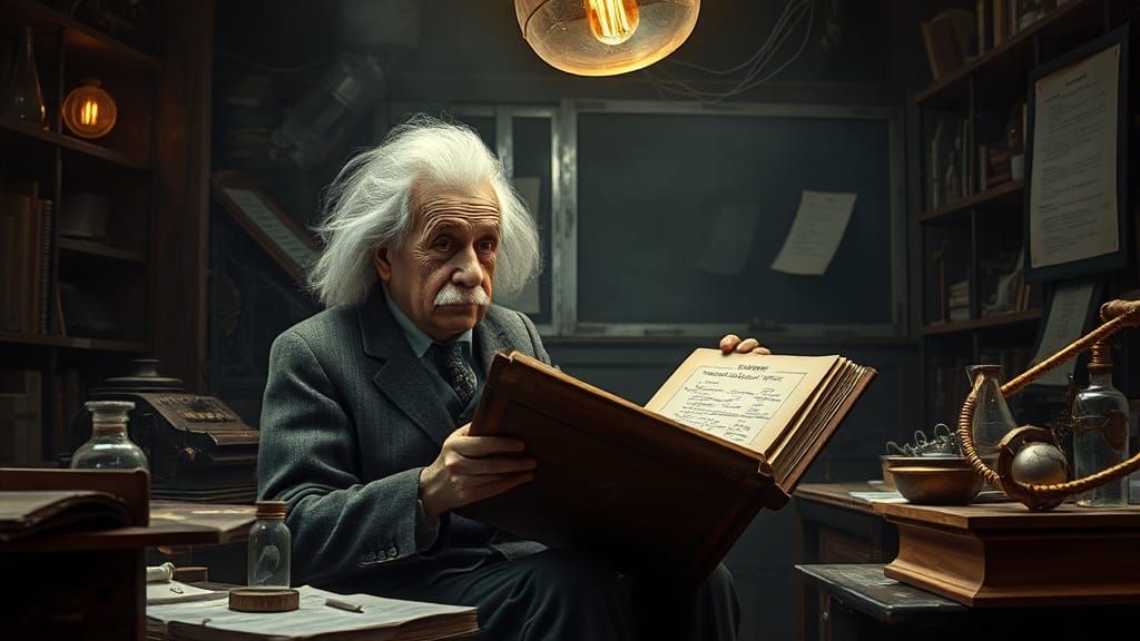 Einstein Reads Frankenstein in Beksiński-Giger Style