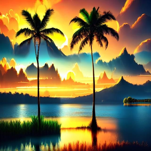 Tropical Palm Oasis at Sunset in Photorealistic Style