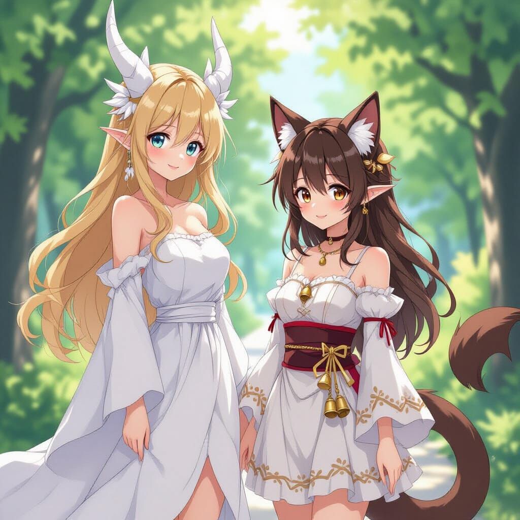 Anime Girls with Dragon and Cat Features in Whimsical Settin...