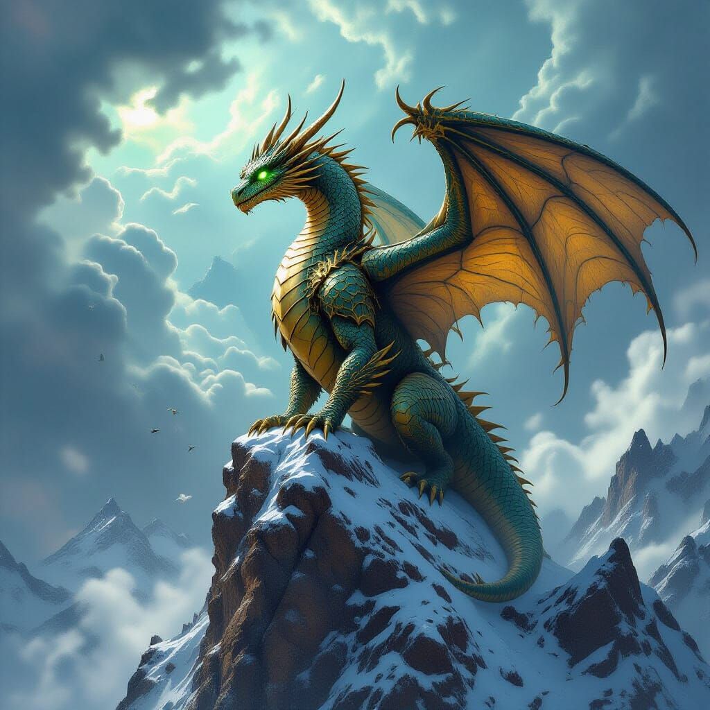 Ancient Bronze Dragon on Mountain Peak in Dark Fantasy Style