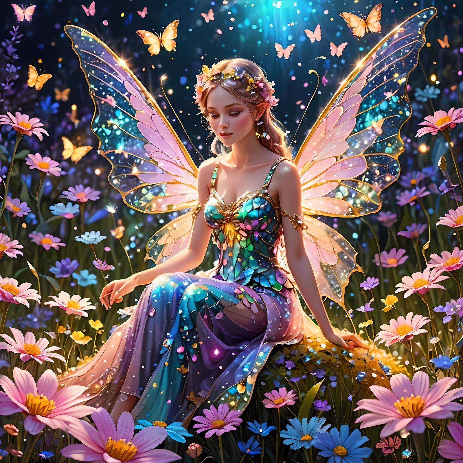 Enchanting Fairy in a Shimmering Flower Field