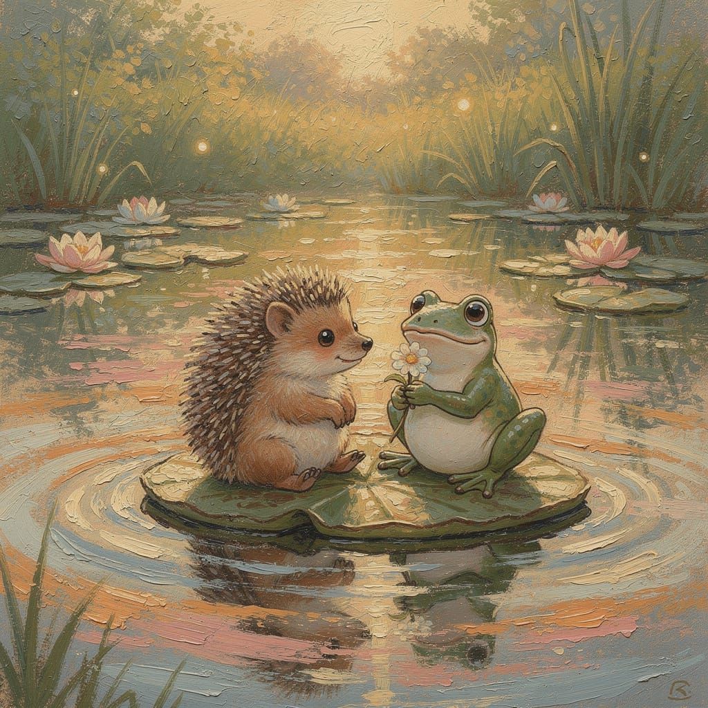 Hedgehog and Frog Friends on Lily Pad