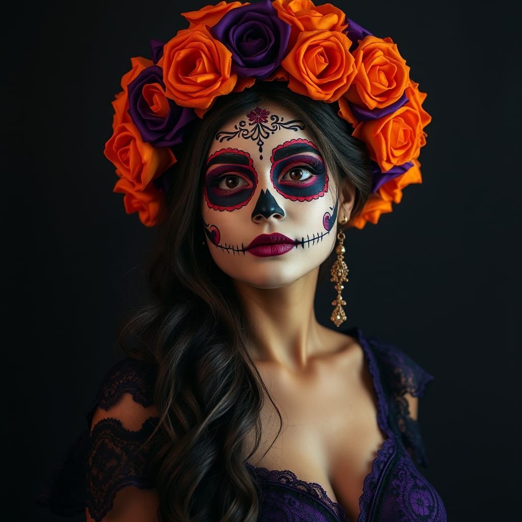 Orange and Purple Catrina Portrait, Dia de los Muertos